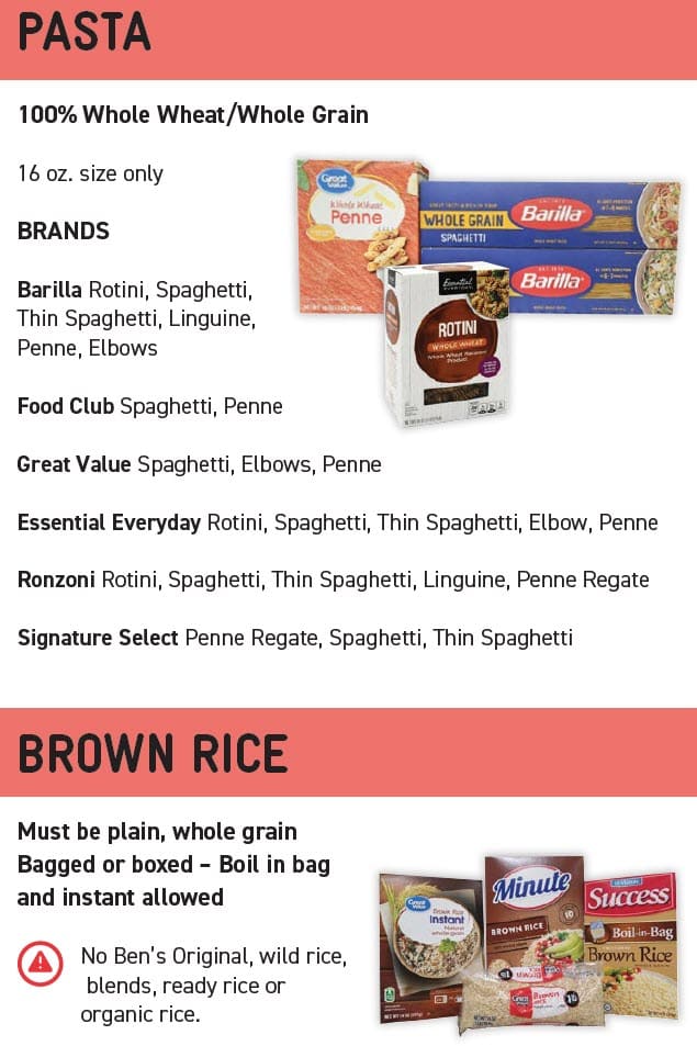 Whole grain guidelines showing approved types, sizes, and restrictions.