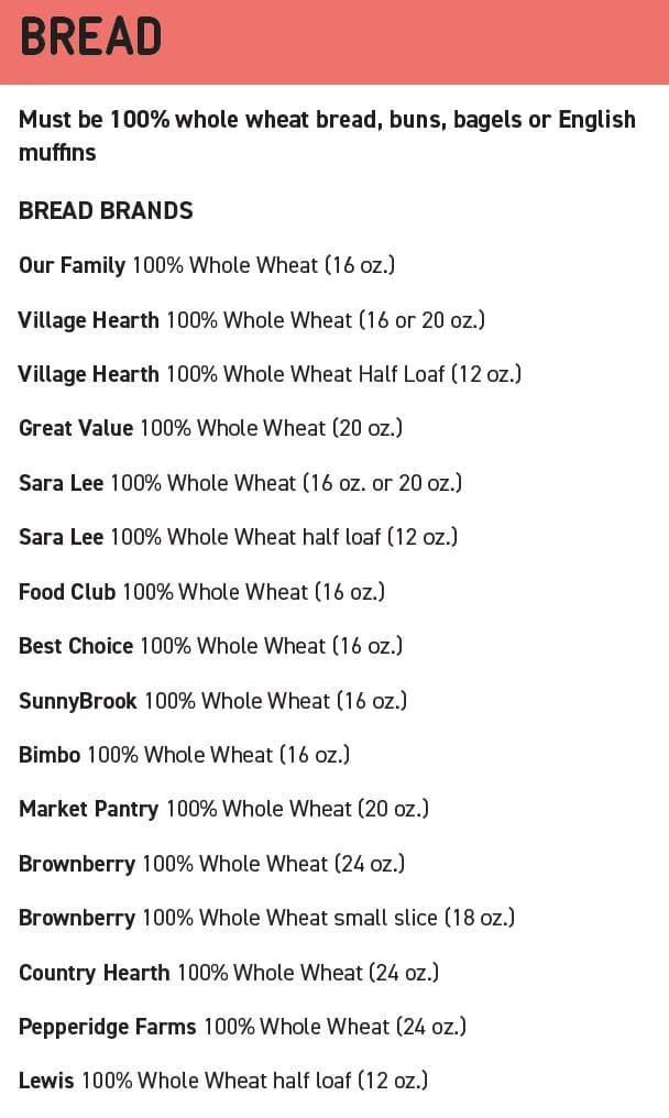 Whole grain guidelines showing approved types, sizes, and restrictions.