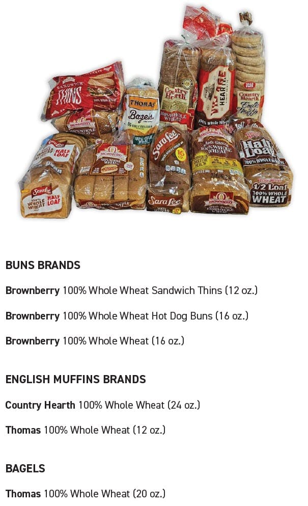 Whole grain guidelines showing approved types, sizes, and restrictions.
