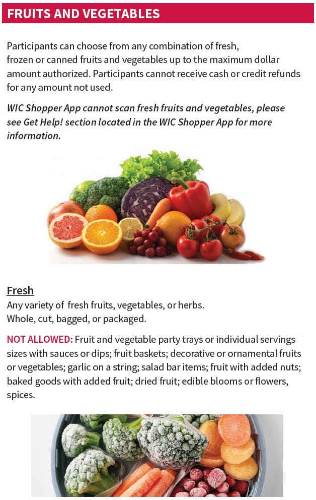 A fruits and vegetable guidelines chart showing allowed and not allowed fruit and vegetable products.