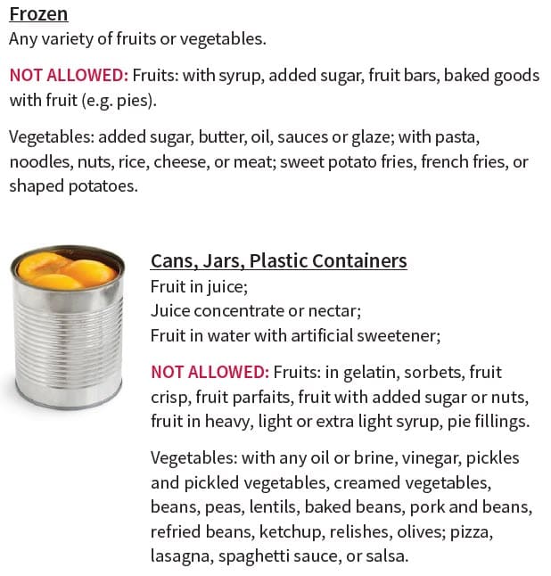 A fruits and vegetable guidelines chart showing allowed and not allowed fruit and vegetable products.