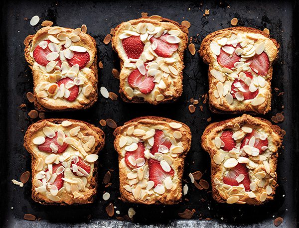 almond strawberry yoast on a sheet pan