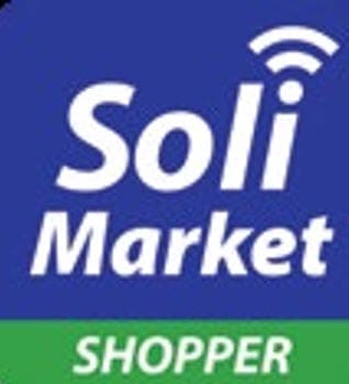 Logo with the words “Soli Market Shopper” on a blue and green background, with a wireless‑signal icon above the letter i.