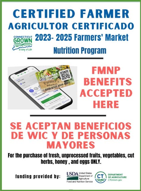 Bilingual Connecticut Grown Certified Farmer poster showing that FMNP benefits are accepted at participating markets, with a phone displaying a SoliMarket Shopper digital card.