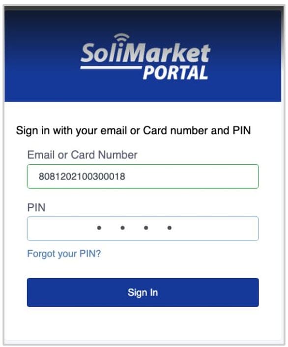 Login screen for the SoliMarket Portal with fields for email or card number, PIN entry, a “Forgot your PIN” link, and a blue Sign In button.