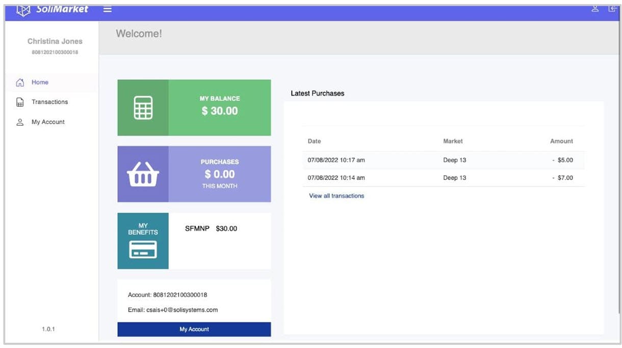 SoliMarket dashboard showing account balance, monthly purchases, benefits amount, and recent transactions.