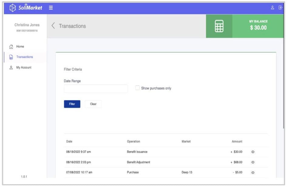 SoliMarket transactions page showing a filter panel and a table of recent benefit issuances, adjustments, and purchases.