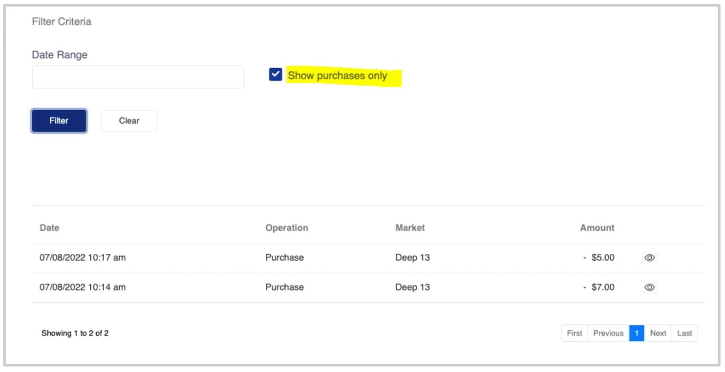 Filtered transaction table showing two purchase entries with dates, market name, and amounts, along with a checked “Show purchases only” box.