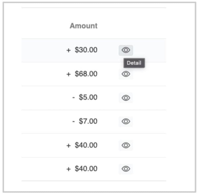 Table showing a list of transaction amounts, including positive and negative values, each with an eye icon for viewing details.