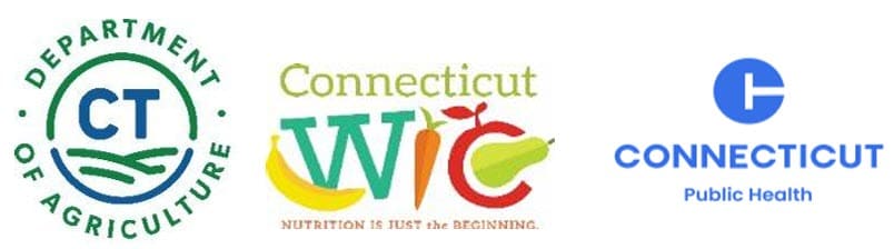 Three Connecticut agency logos displayed side by side: Department of Agriculture, Connecticut WIC, and Connecticut Public Health
