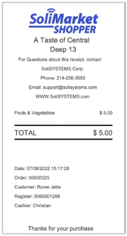 Printed SoliMarket Shopper receipt showing a $5.00 purchase of fruits and vegetables, with vendor contact information and transaction details.