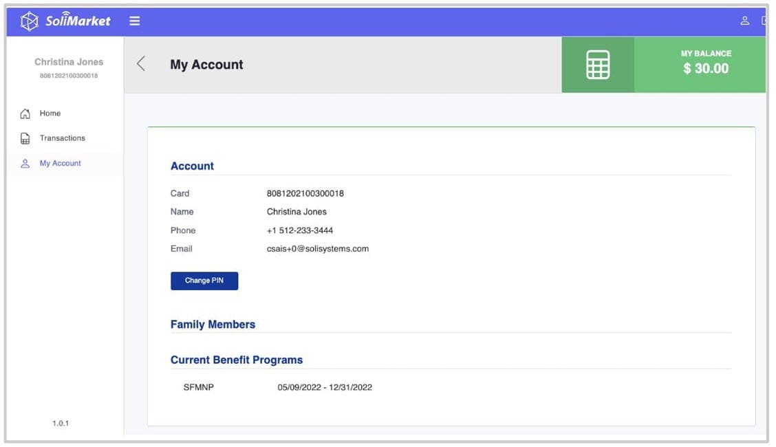 SoliMarket “My Account” page showing card details, contact information, a Change PIN button, and current benefit program dates.