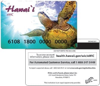 Mặt trước và mặt sau của thẻ eWIC Hawaii có hình ảnh rùa biển và thông tin chương trình.