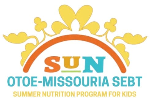 Logo with yellow floral shapes above the word SUN and text for the Otoe‑Missouria SEBT Summer Nutrition Program for Kids.
