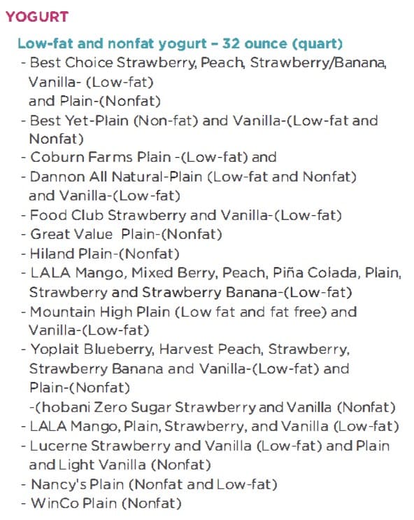 List of approved yogurt brands and flavors.
