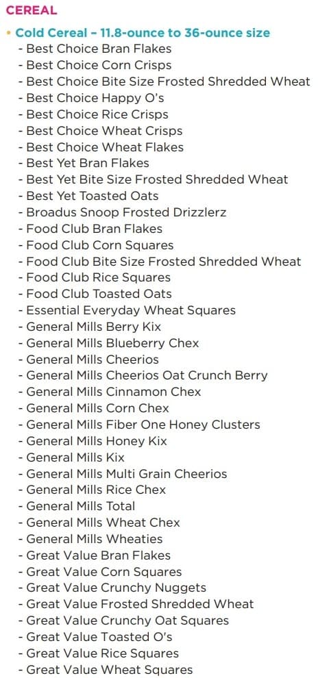 List of approved cereal brands and flavors.