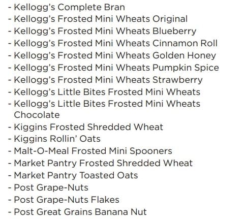 List of approved cereal brands and flavors.