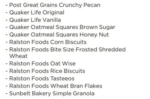 List of approved cereal brands and flavors.