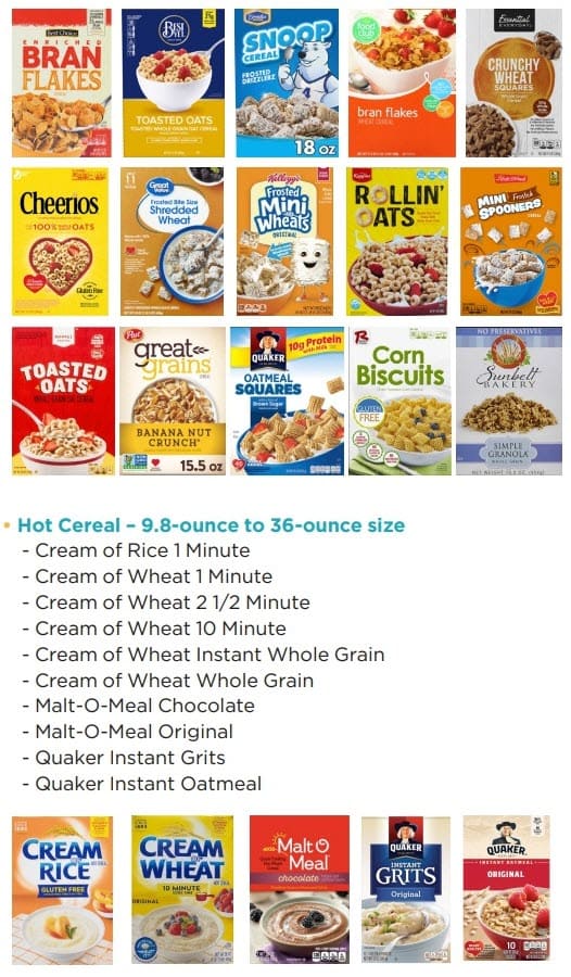 List of approved cereal brands and flavors.