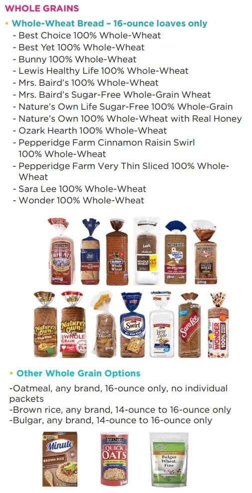 List of approved whole‑grain foods and other grain options.
