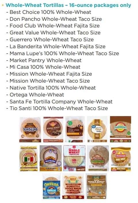 List of approved whole‑grain foods and other grain options.