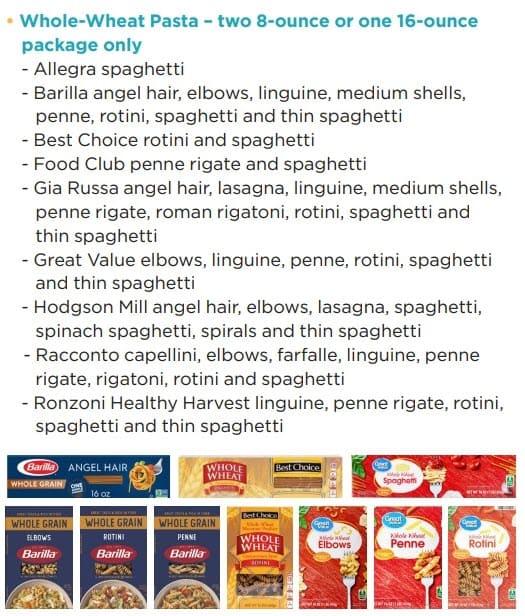 List of approved whole‑grain foods and other grain options.