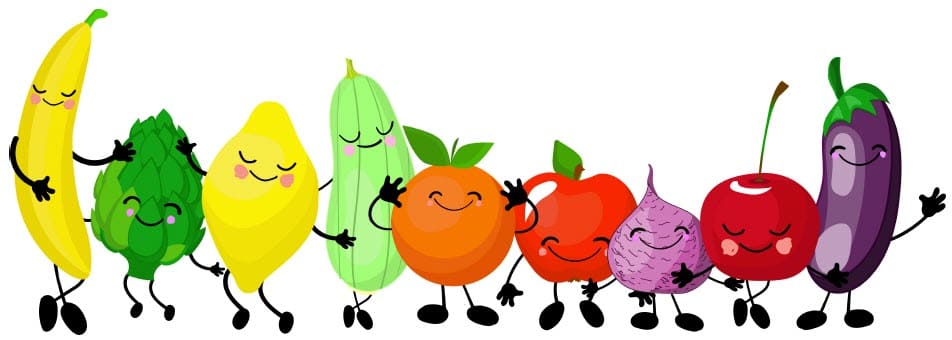 Smiling fruits and vegetable cartoons in a row