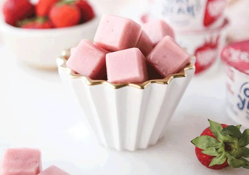 Vegan Strawberry FroYo cubed in a cup