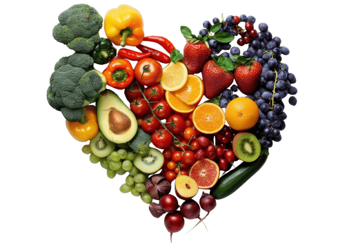 Various fruits and veggies in the shape of a heart