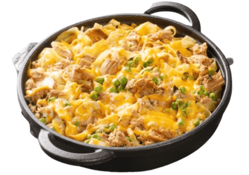 Tuna casserole in a cast iron pot
